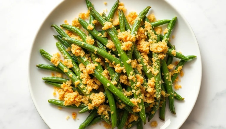 Crispy Parmesan Garlic Green Beans with Toasted Breadcrumb Crust