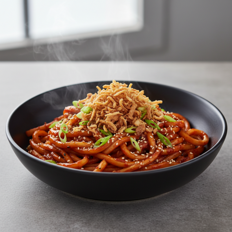 Spicy Korean Gochujang Butter Noodles with Crispy Fried Shallots
