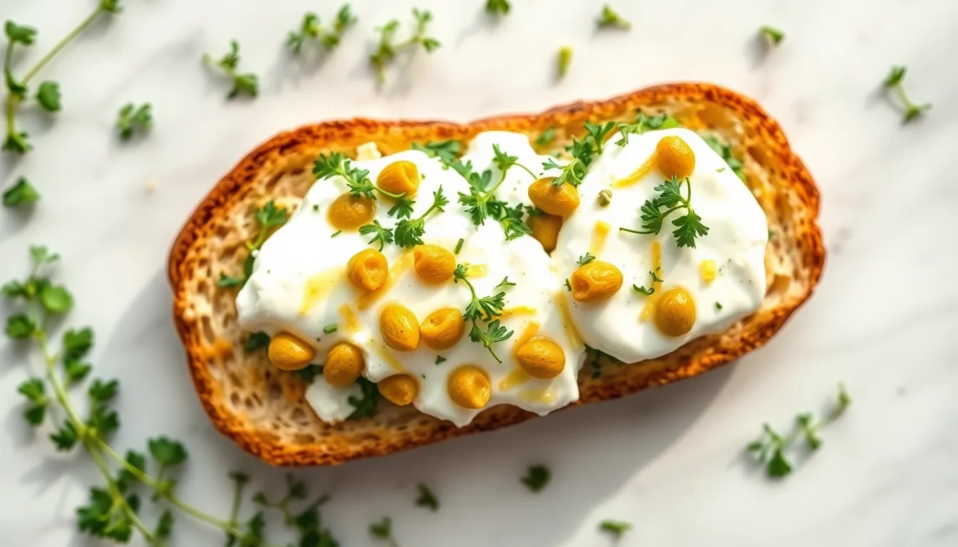 Spring Herb and Lemon Ricotta Toast with Crispy Capers, Burrata, and Microgreens