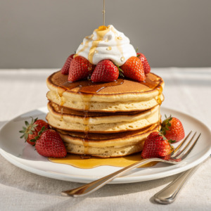 Brown Butter Ricotta Pancakes with Roasted Strawberries and Honey Drizzle