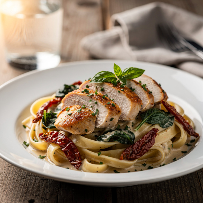 Creamy Tuscan Chicken Pasta with Sun-Dried Tomatoes and Garlic