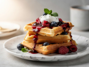 Fluffy Cottage Cheese Waffles with Berry Compote