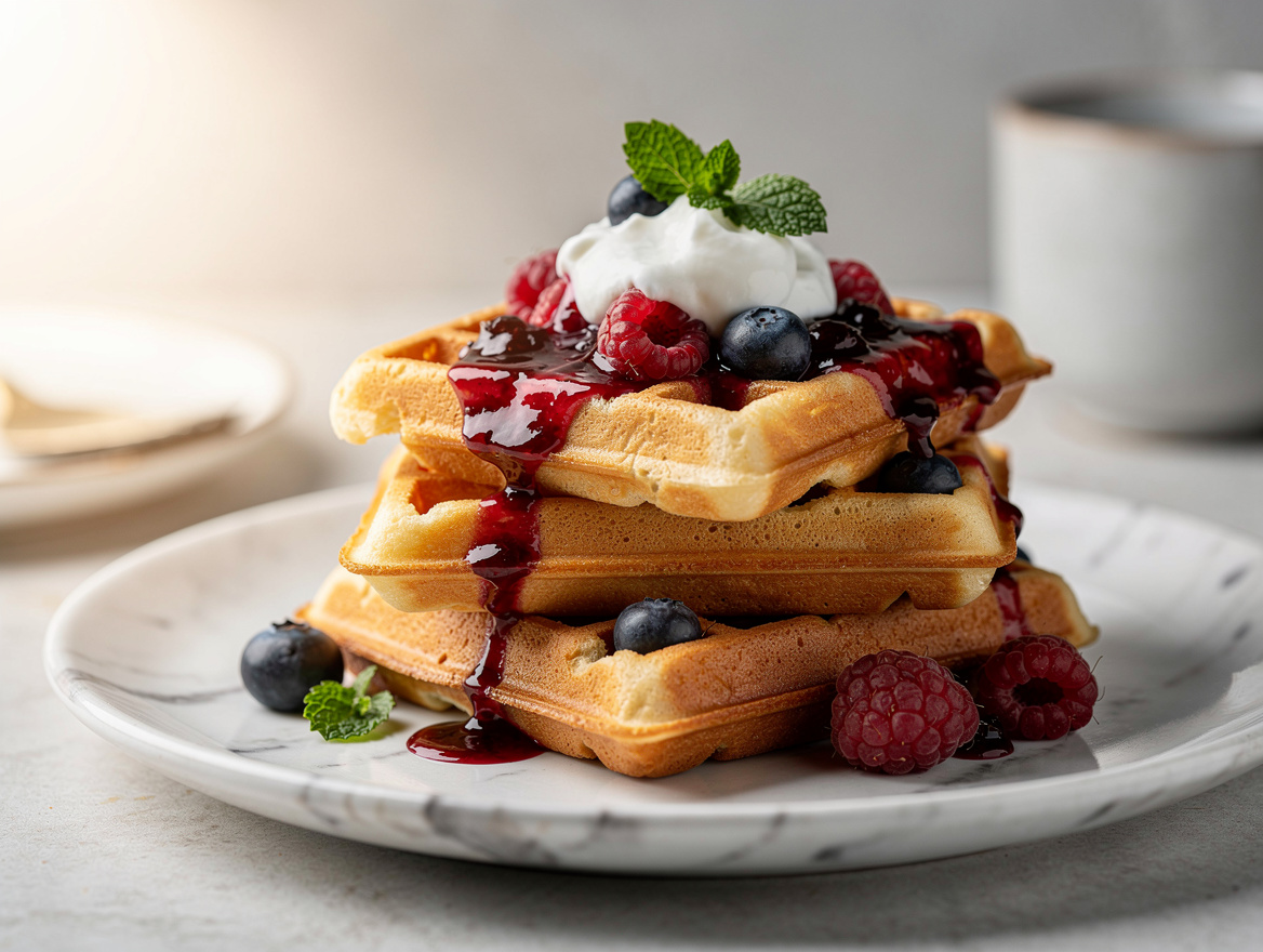 Fluffy Cottage Cheese Waffles with Berry Compote