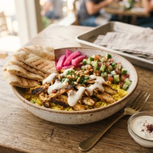 Lebanese Chicken Shawarma Rice Bowls with Garlic Sauce