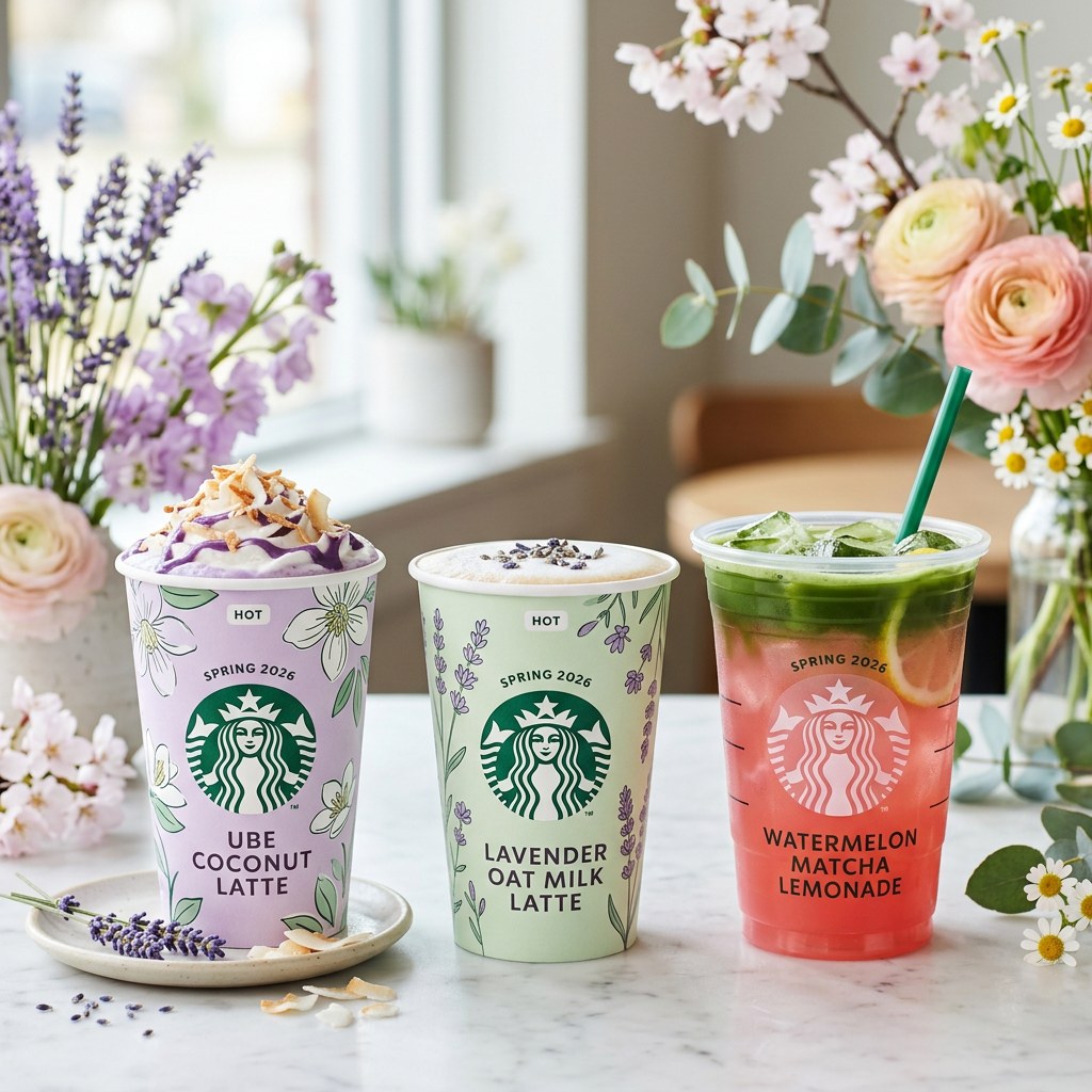 Starbucks Spring 2026 Ube Lavender Watermelon Matcha drinks